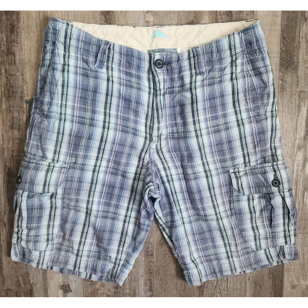 Tommy Bahama Cargo Shorts Mens 32 Blue Plaid Cotton Casual Island Style Summer